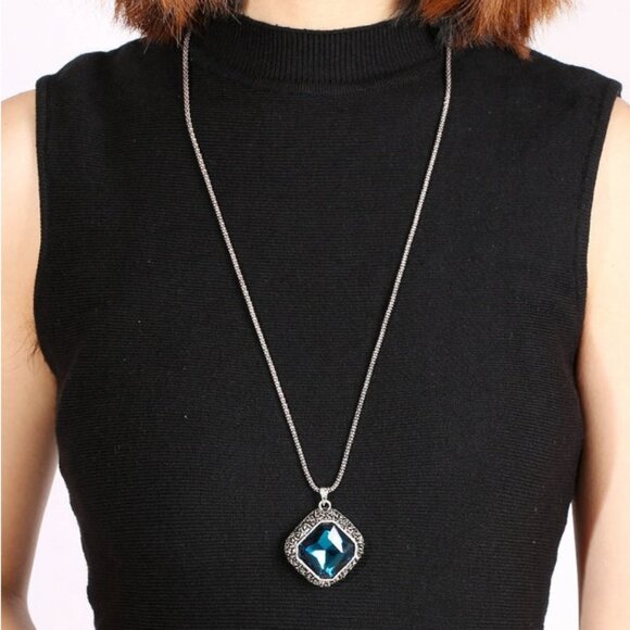 3/$35 Rhombus Blue Gemstone Long Pendant Chain Necklace Crystal Stone Women - Picture 1 of 8